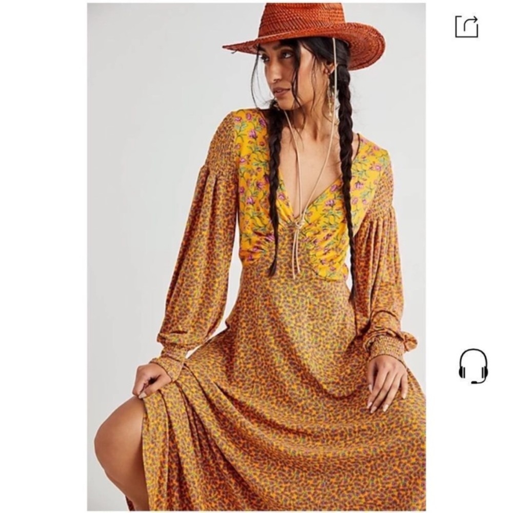 Free People Love Story Maxi Golden Sleeve Floral Dress Yellow